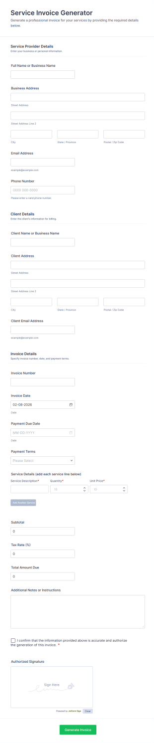 Service Invoice Generator Form Template