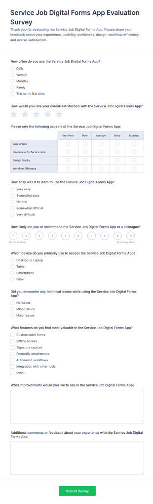 Service Job Digital Forms App Evaluation Survey Form Template