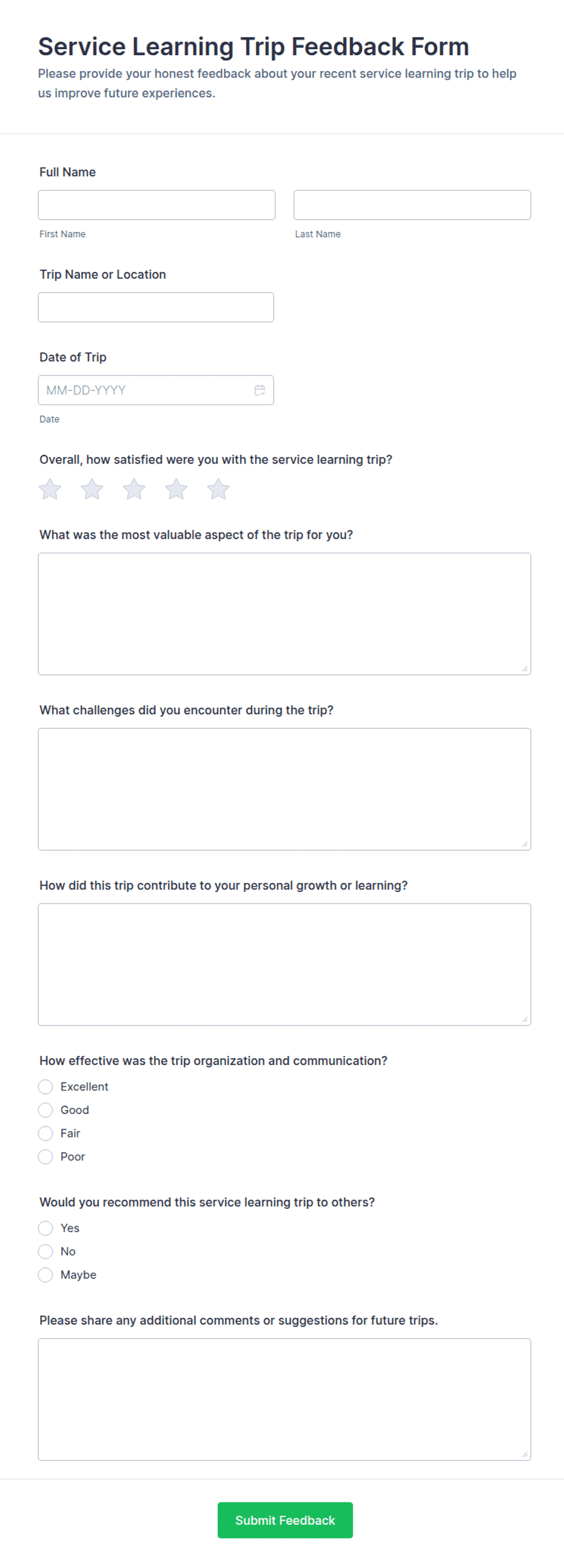 Service Learning Trip Feedback Form Template | Jotform