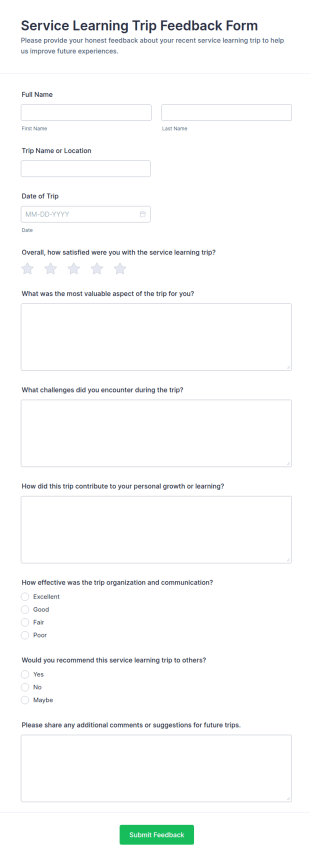 Service Learning Trip Feedback Form Template