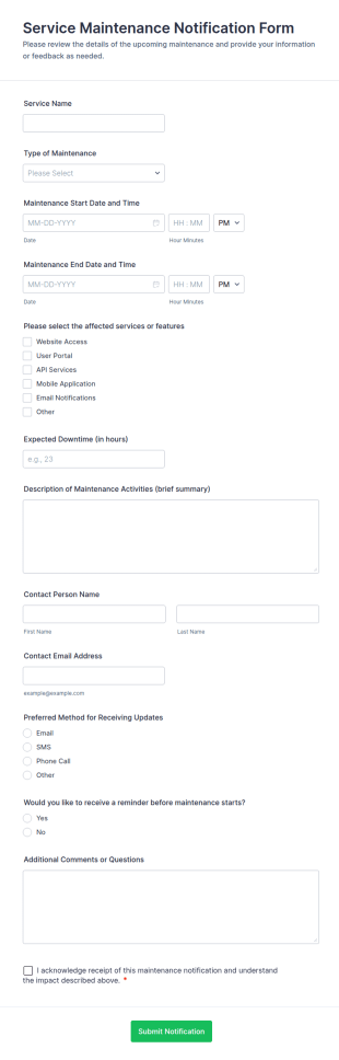 Service Maintenance Notification Form Template