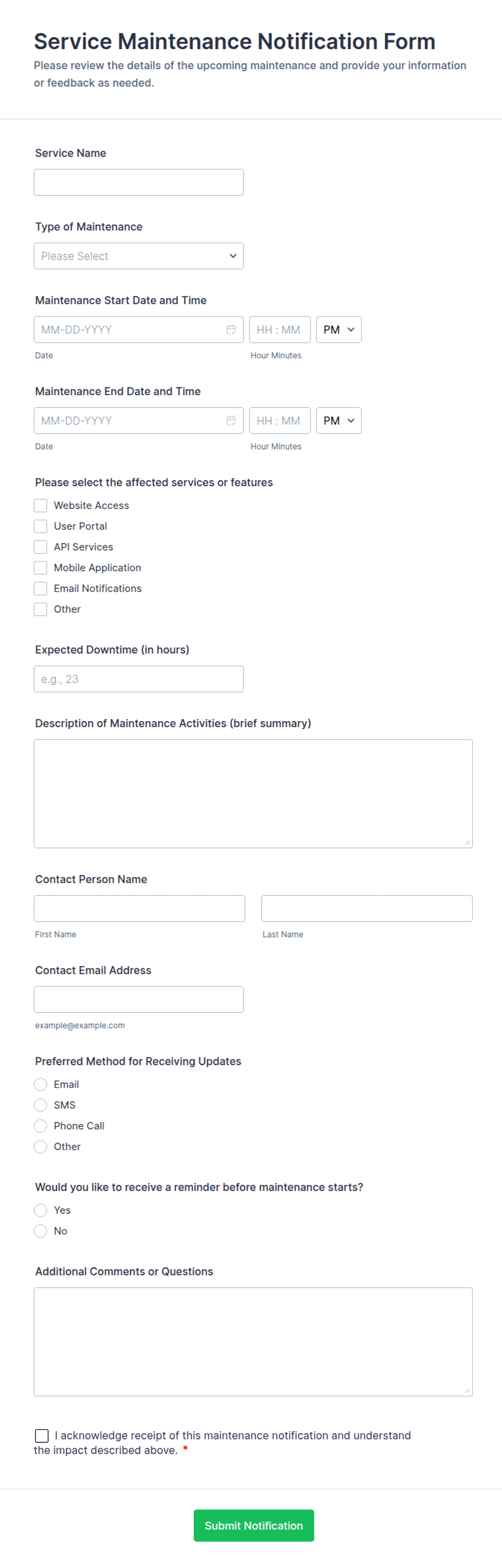 Service Maintenance Notification Form Template | Jotform