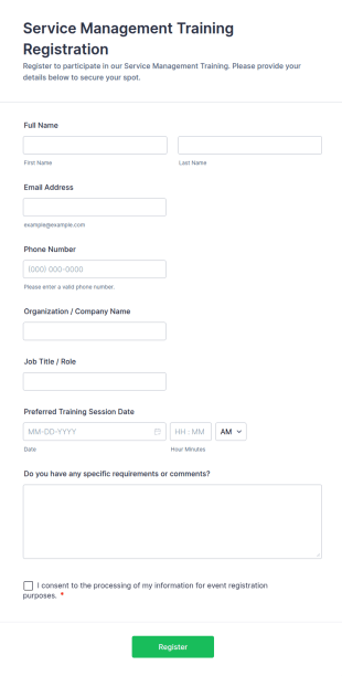 Service Management Training Registration Form Template