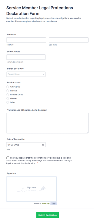 Service Member Legal Protections Declaration Form Template