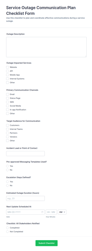 Service Outage Communication Plan Checklist Form Template