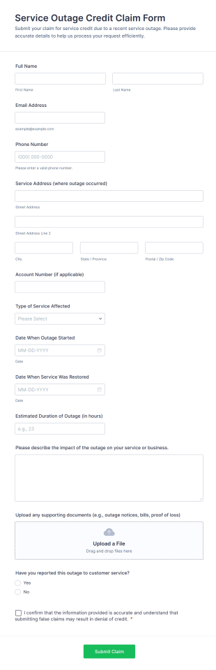 Service Outage Credit Claim Form Template