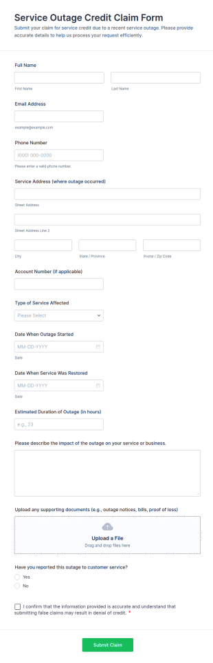 Service Outage Credit Claim Form Template