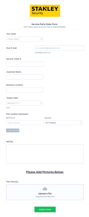 Service Parts Order Form Template