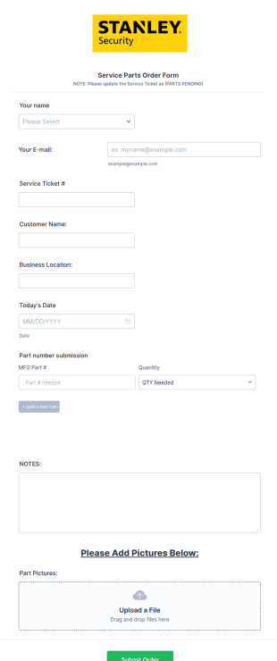 Service Parts Order Form Template