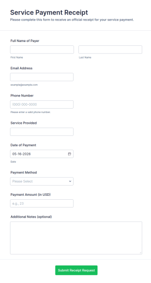 Service Payment Receipt Form Template
