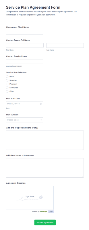Service Plan Agreement Form Template