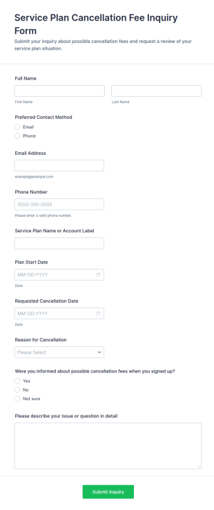Service Plan Cancellation Fee Inquiry Form Template