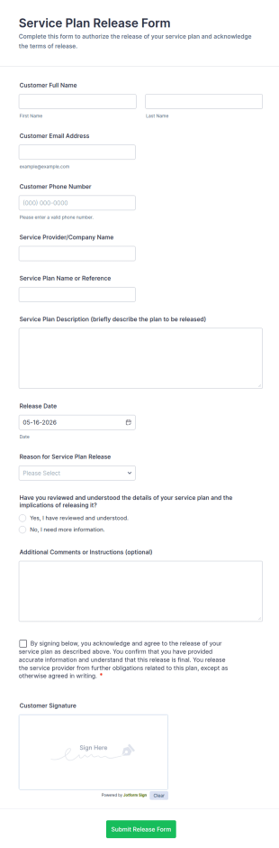 Service Plan Release Form Template