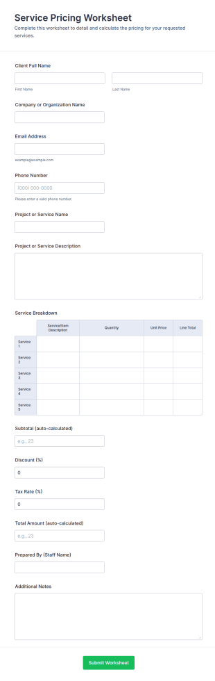 Service Pricing Worksheet Form Template
