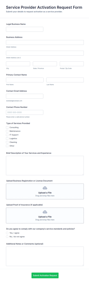 Service Provider Activation Request Form Template