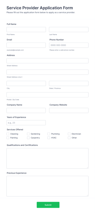 Service Provider Application Form Template