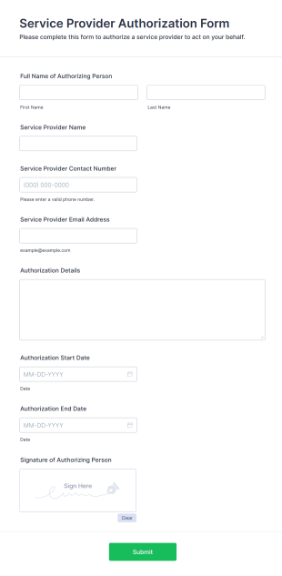Service Provider Authorization Form Form Template