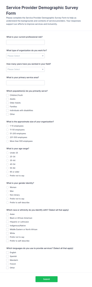 Service Provider Demographic Survey Form Template