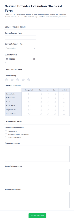 Service Provider Evaluation Checklist Form Template
