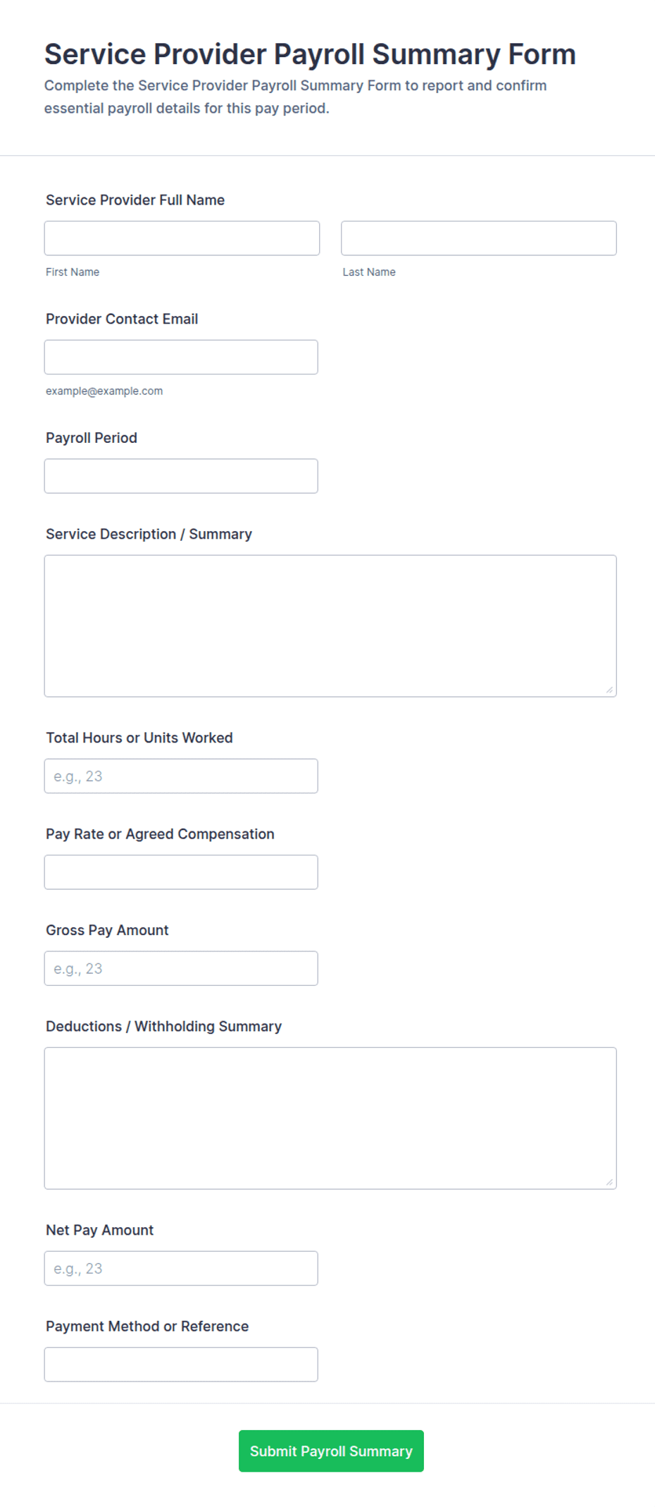 Service Provider Payroll Summary Form Template | Jotform