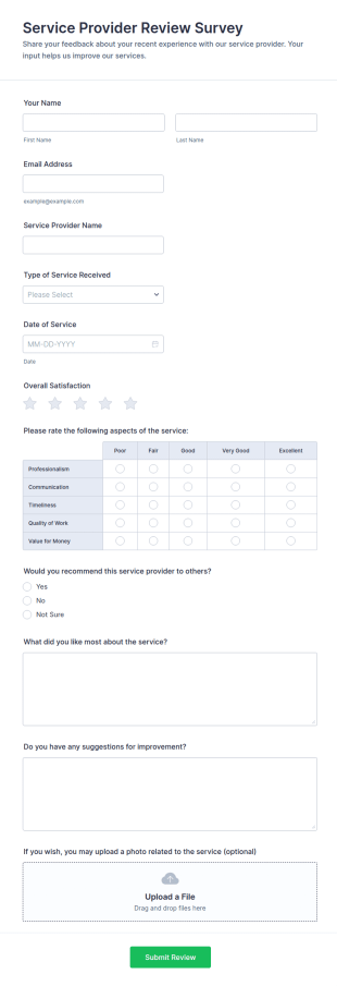 Service Provider Review Survey Form Template