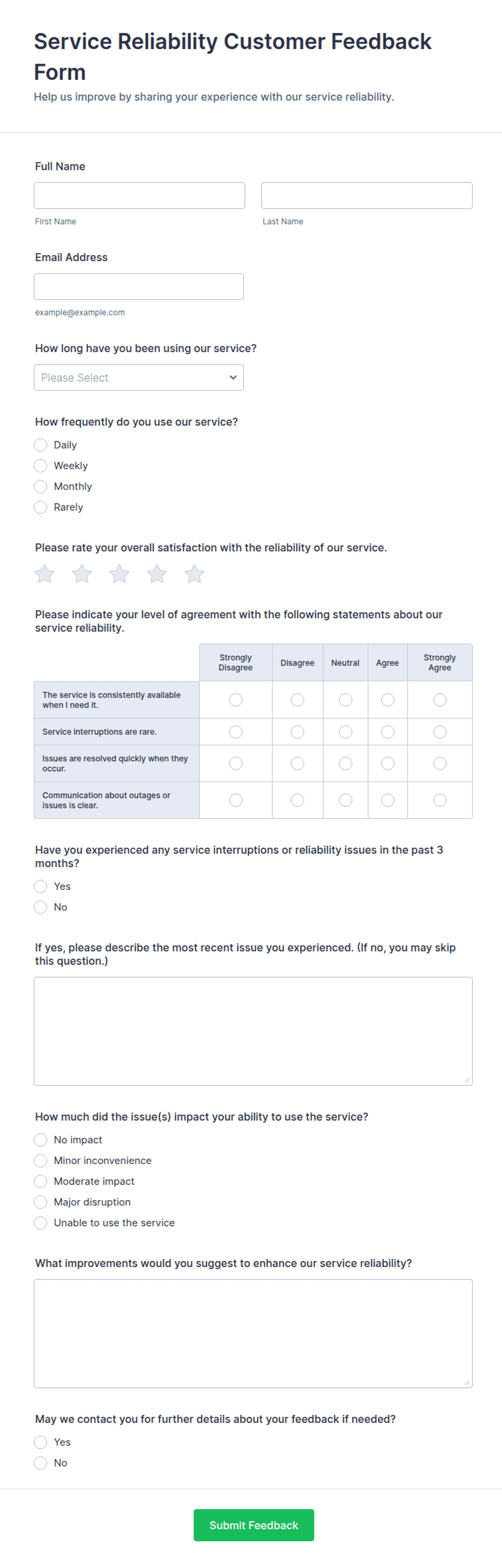 Service Reliability Customer Feedback Form Template | Jotform