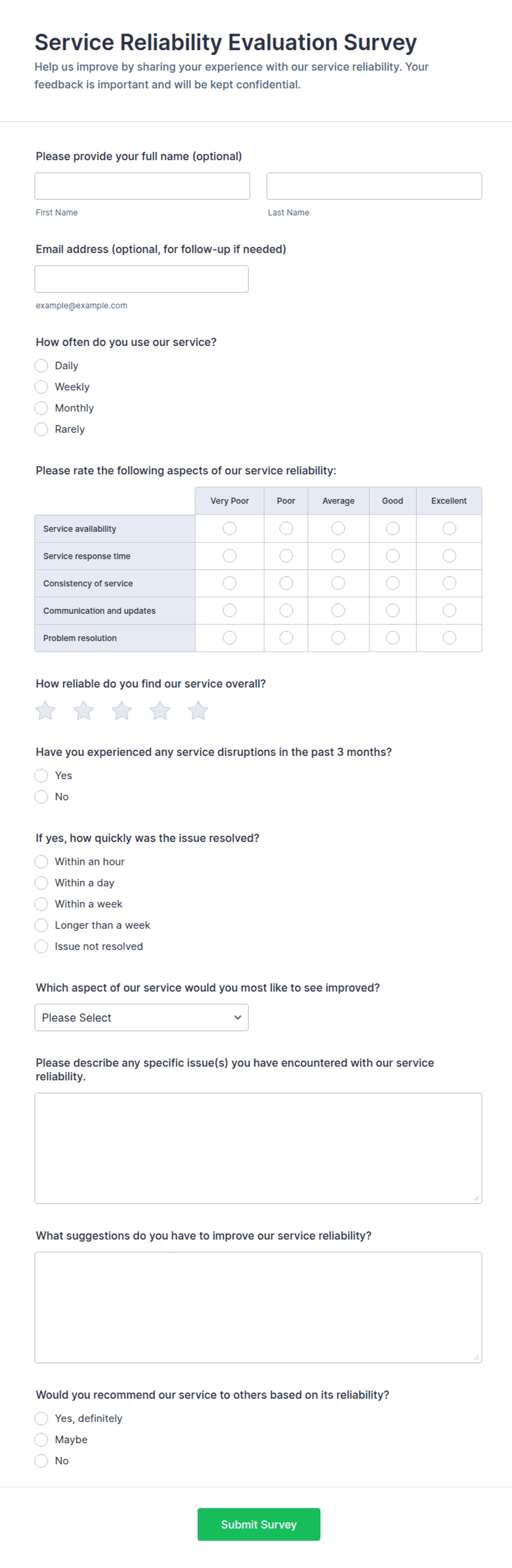 Service Reliability Evaluation Survey Form Template | Jotform