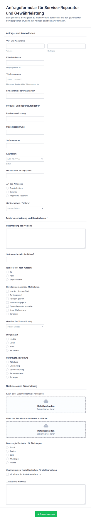 Service Reparatur Garantiereklamation Formular