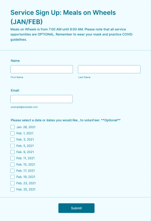 Service Sign Up: Meals On Wheels (JAN/FEB) Form Template
