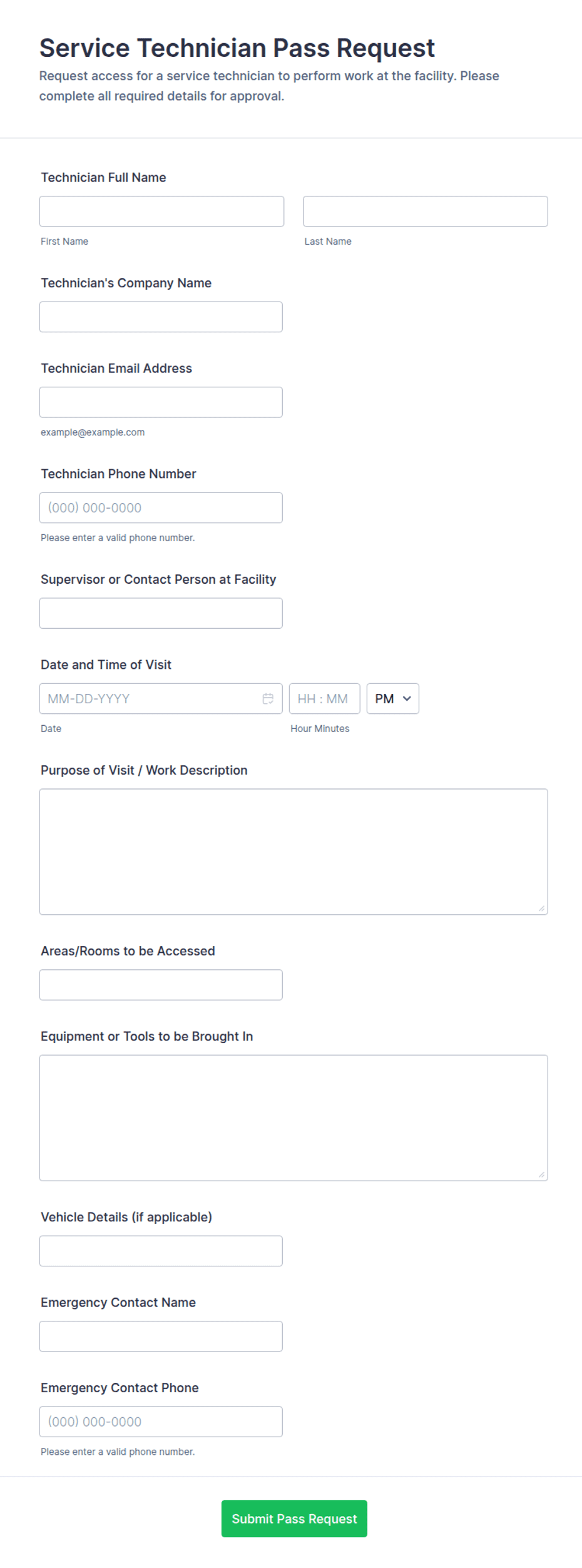 Service Technician Pass Request Form Template | Jotform