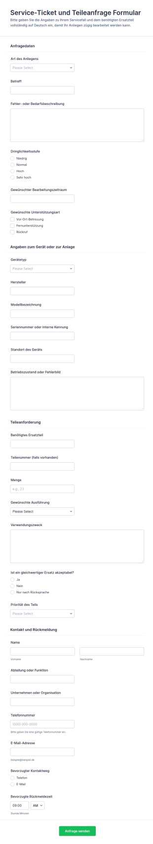 Service Ticket Und Ersatzteil Anfrage Formular