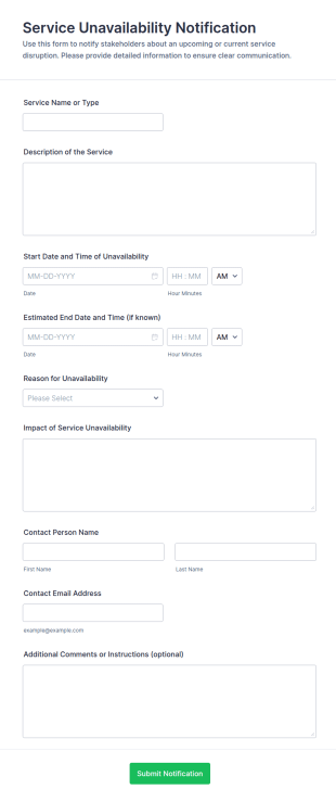 Service Unavailability Notification Form Template