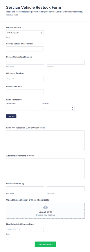 Service Vehicle Restock Form Template