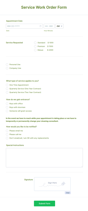Service Work Order Form Template