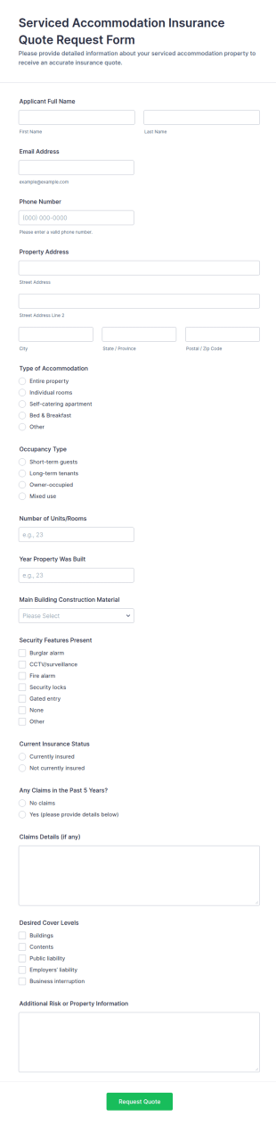 Serviced Accommodation Insurance Quote Request Form Template