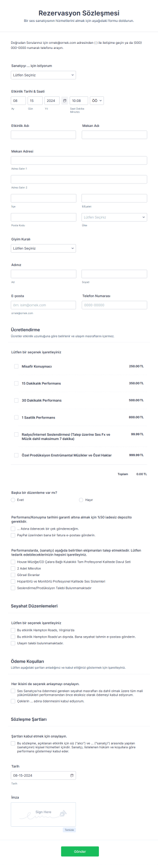 Ses Sanatçısı Rezervasyon Form Template