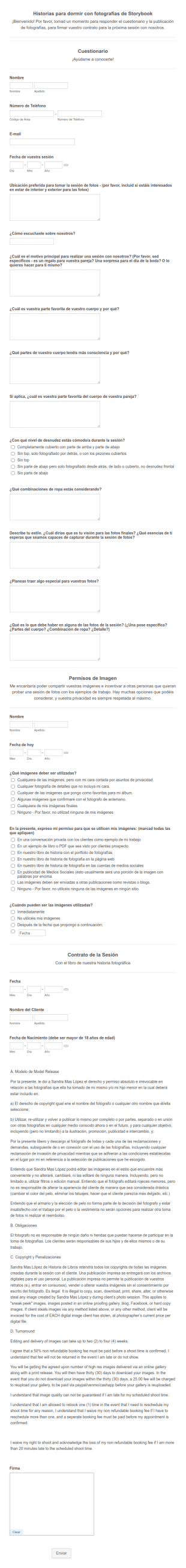Formulario Sesión De Fotos Camerino