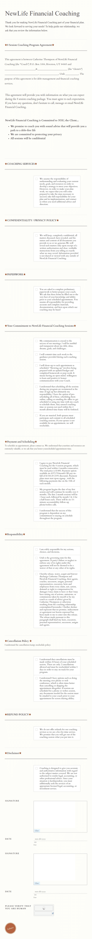 Financial Coaching Session Agreement Form Template