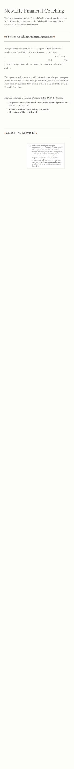 Financial Coaching Session Agreement Form Template