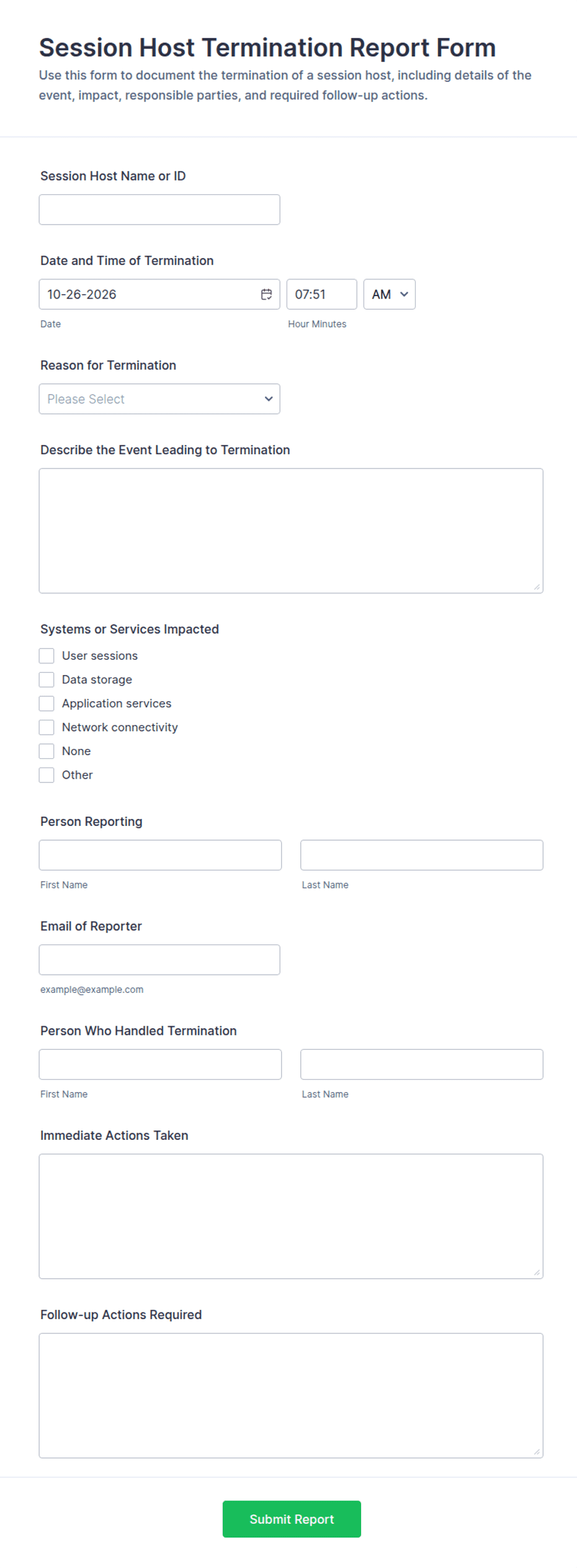Session Host Termination Report Form Template | Jotform