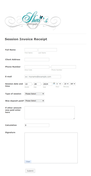 Photography Session Invoice Form Template