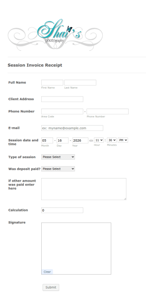 Photography Session Invoice Form Template