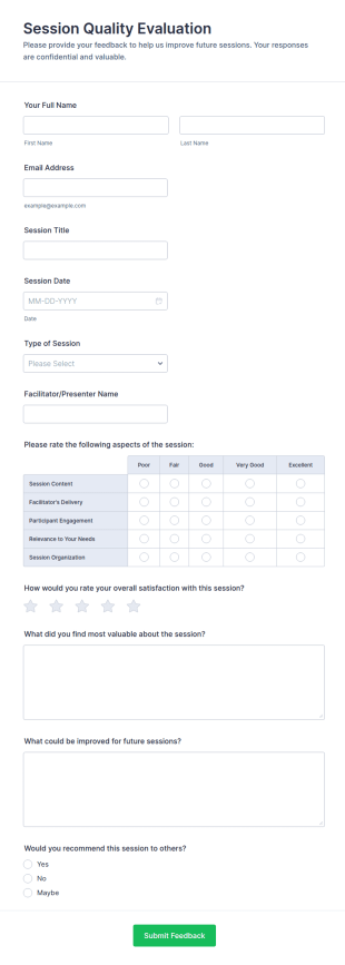Session Quality Evaluation Form Template
