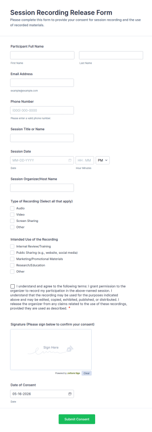 Session Recording Release Form Template