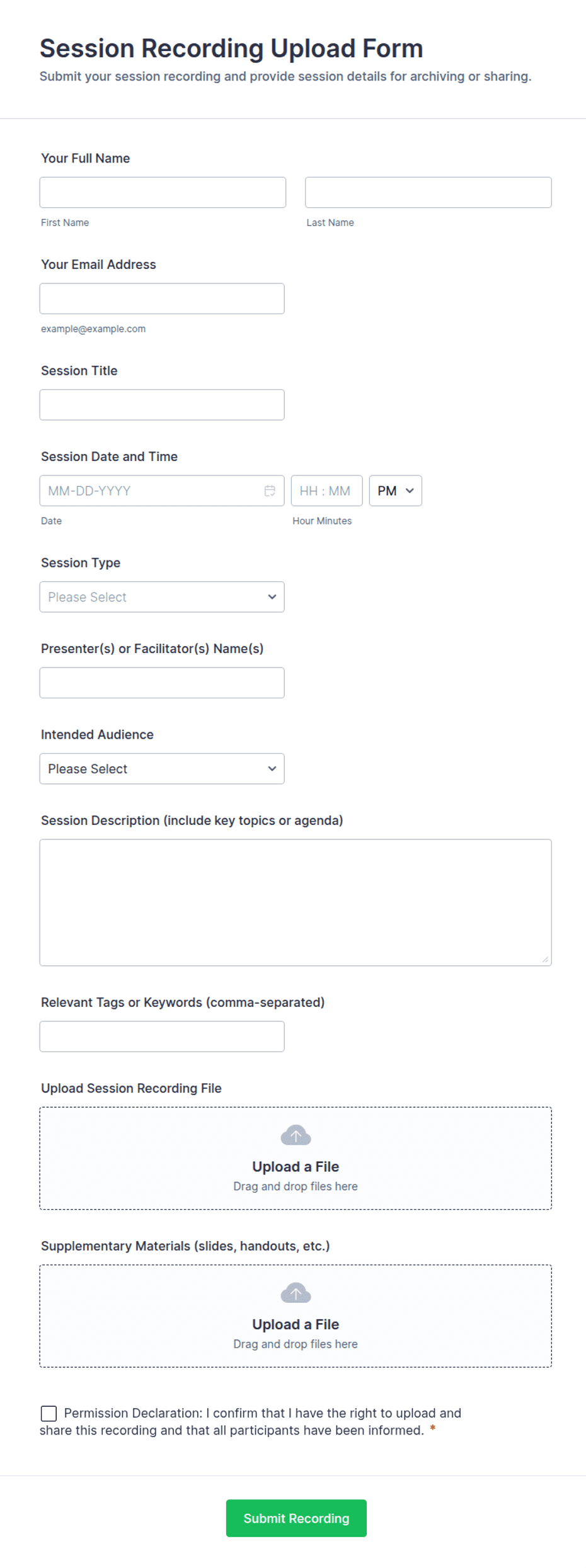 Recording Fieldwalking Forms.pdf Session Recording Upload Form Template | Jotform