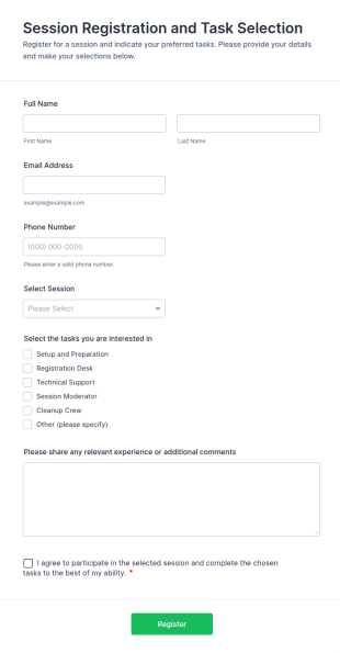 Session Registration And Task Selection Form Template