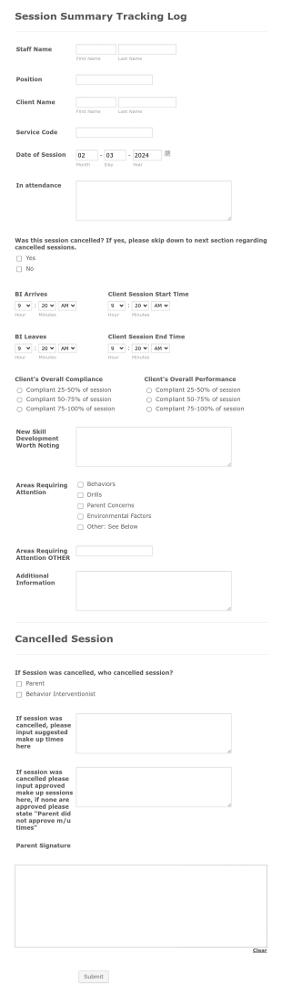Session Summary Tracking Log Form Template