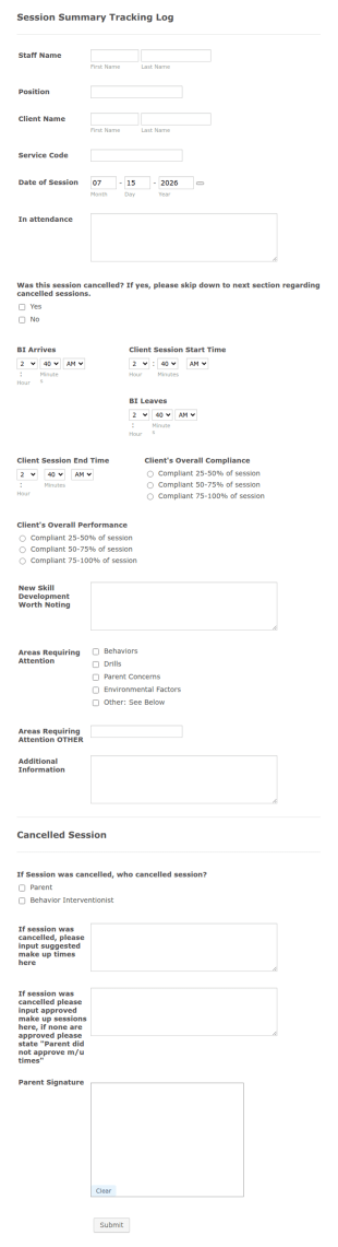 Session Summary Tracking Log Form Template