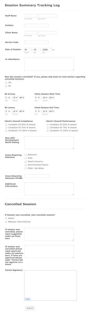 Session Summary Tracking Log Form Template