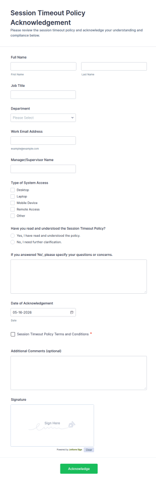 Session Timeout Policy Acknowledgement Form Template